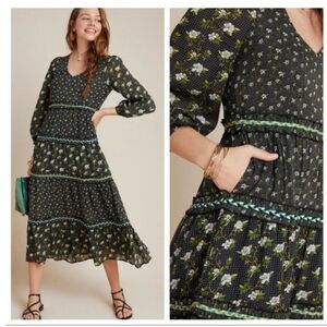 ANTHROPOLOGIE Karoline Tiered Floral Maxi Midi Dress Boho Cottagecore Sz 8 EUC